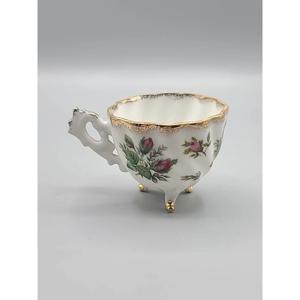 Relco Vintage Tri Footed Teacup Pink Roses Swirl Design Gold Trim
